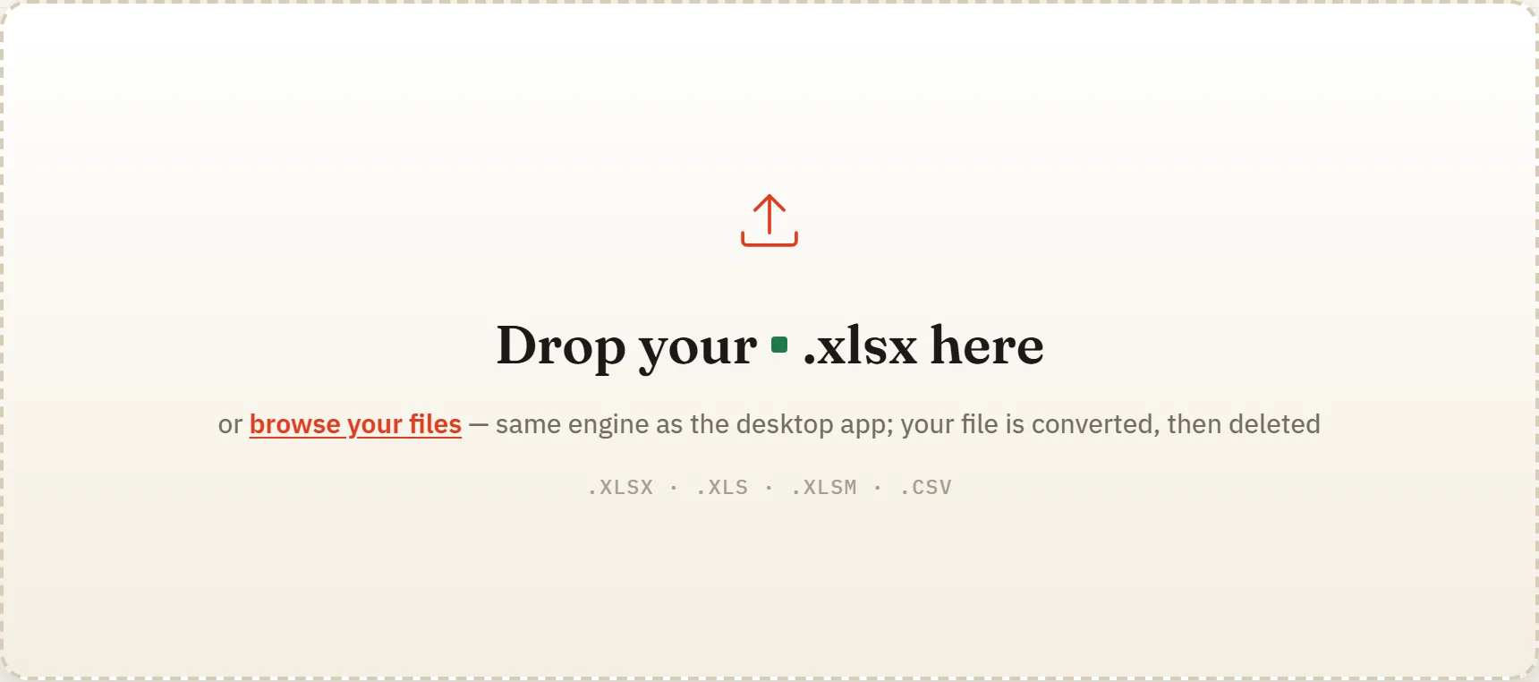 The free web converter's drop area in its idle state, listing the accepted spreadsheet formats and the note that files are converted and then deleted.