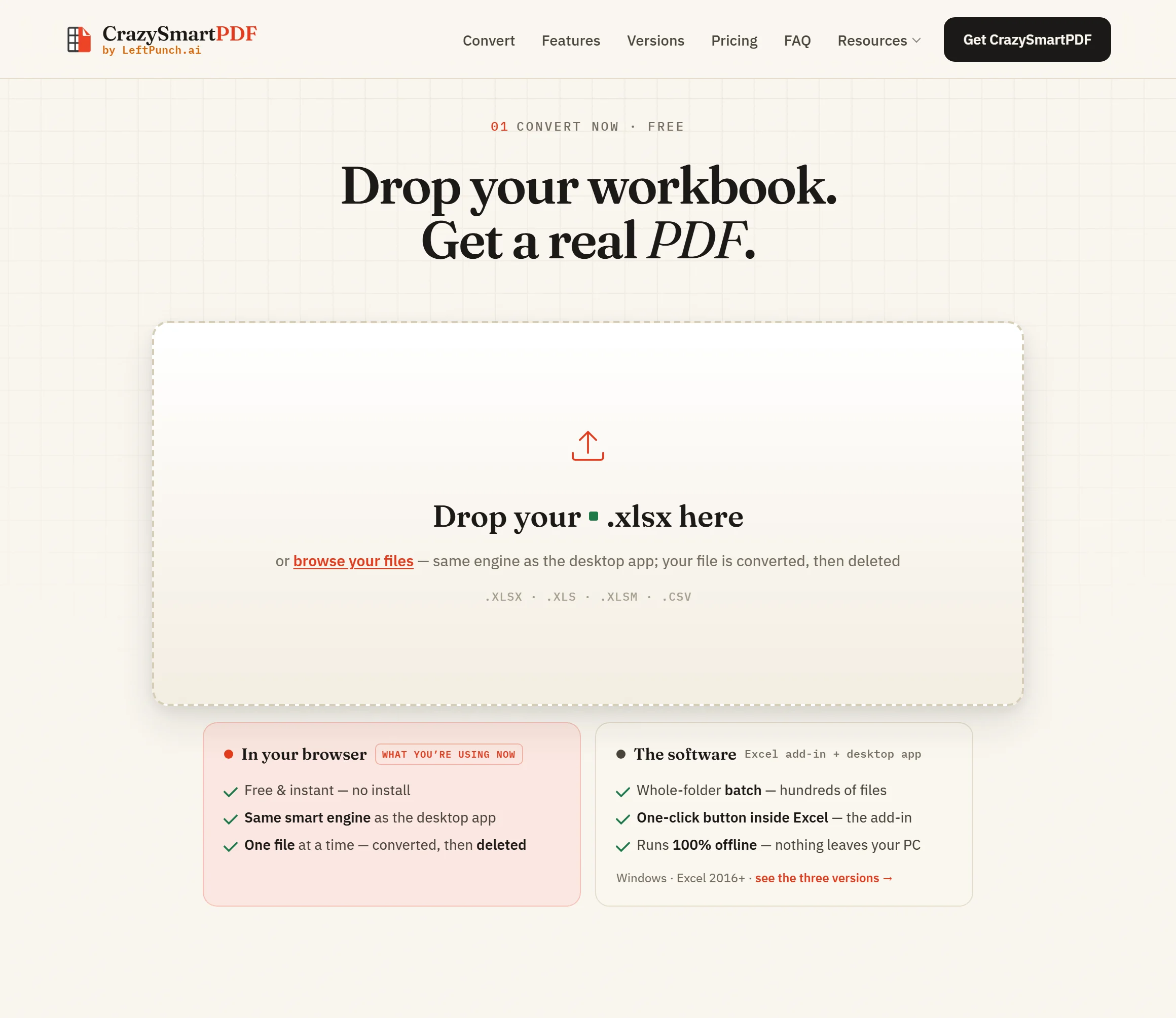 The free conversion section of the site: the drop area with its accepted formats, alongside the cards comparing the in-browser tool with the Windows desktop app.